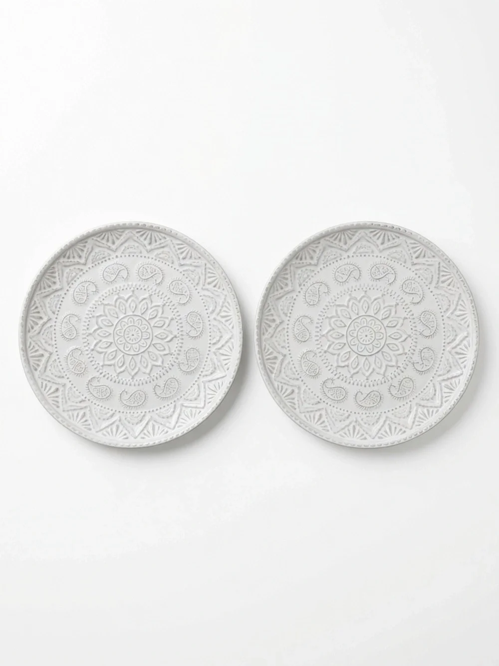 Pier 1 White Ceramic Embossed Decorative  Plates Set of 2 Mandala Design